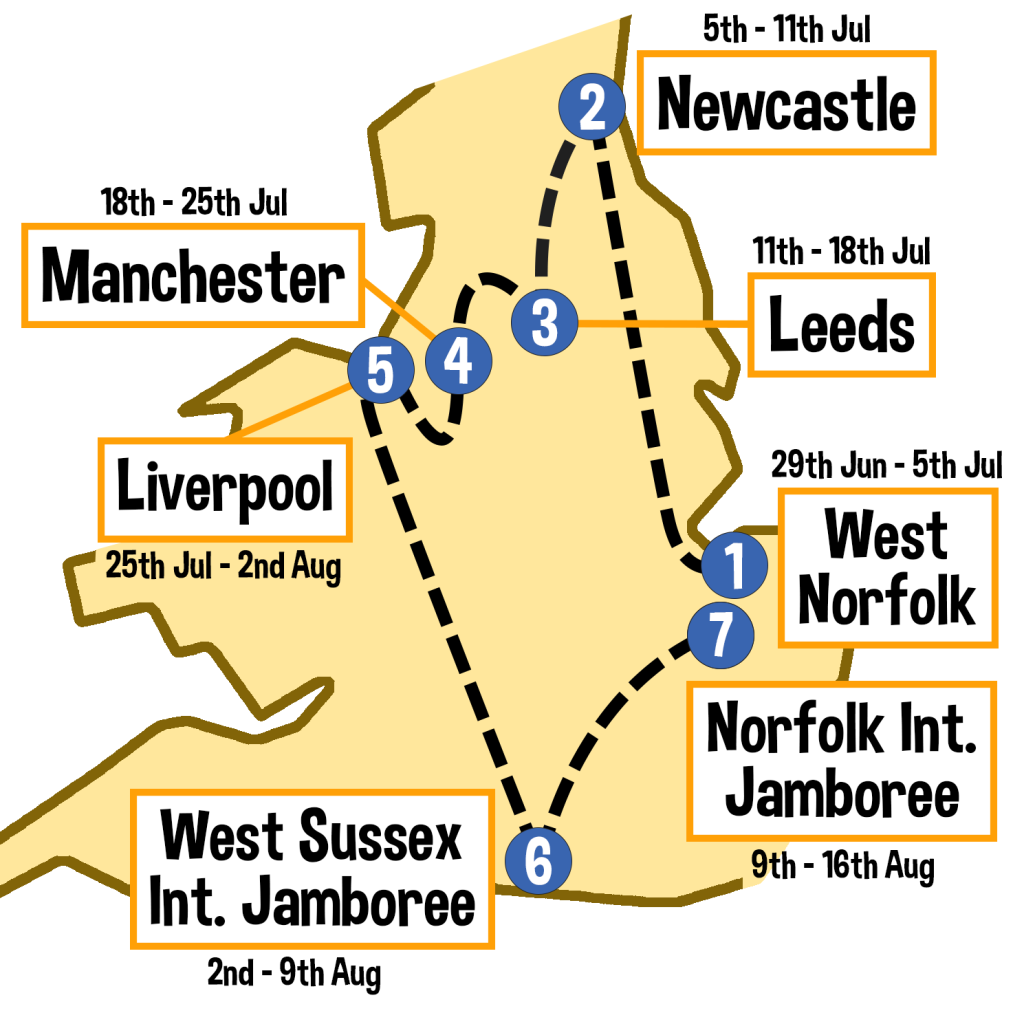 Map of the route for the 2025 CHaOS Summer Roadshow.